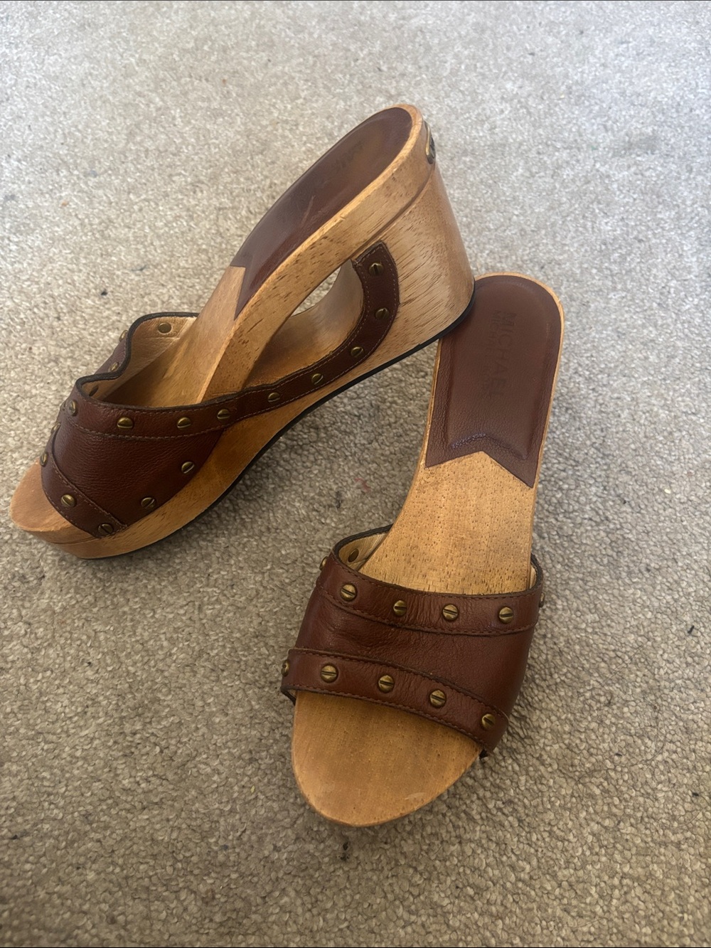 Michael kors Brown Leather Studded Wedge Slide Sandals